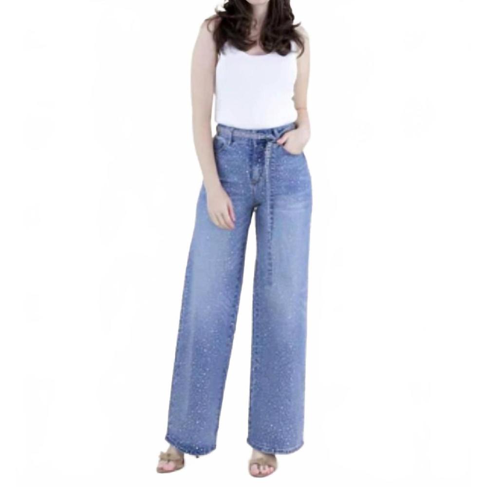 NEW ORIGINAL USA droplet rhinestone embellished belted high rise wide leg jeans